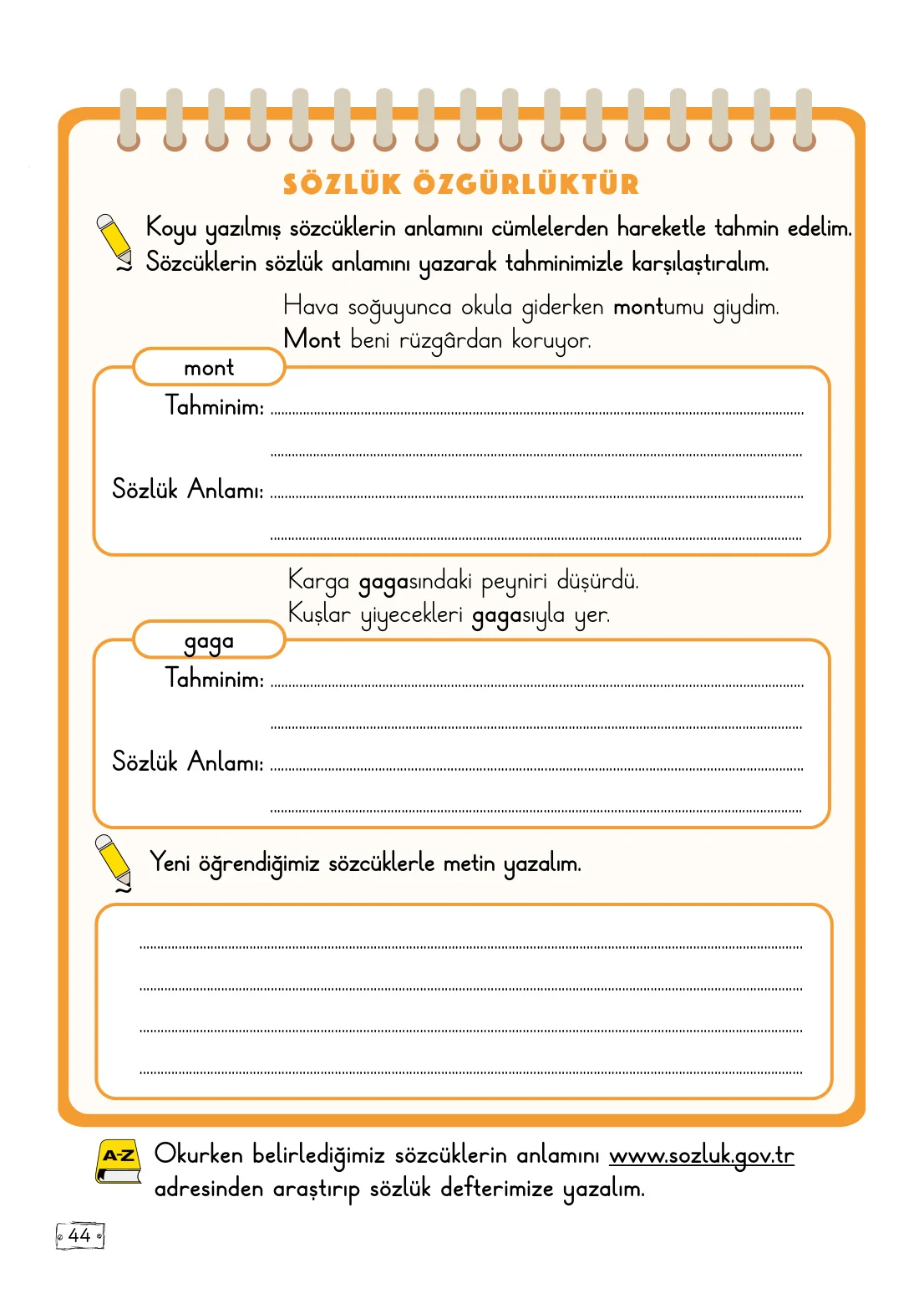 2. Sınıf Türkçe Ders Kitabı Cevapları Meb Yayınları 1. Kitap Sayfa 44