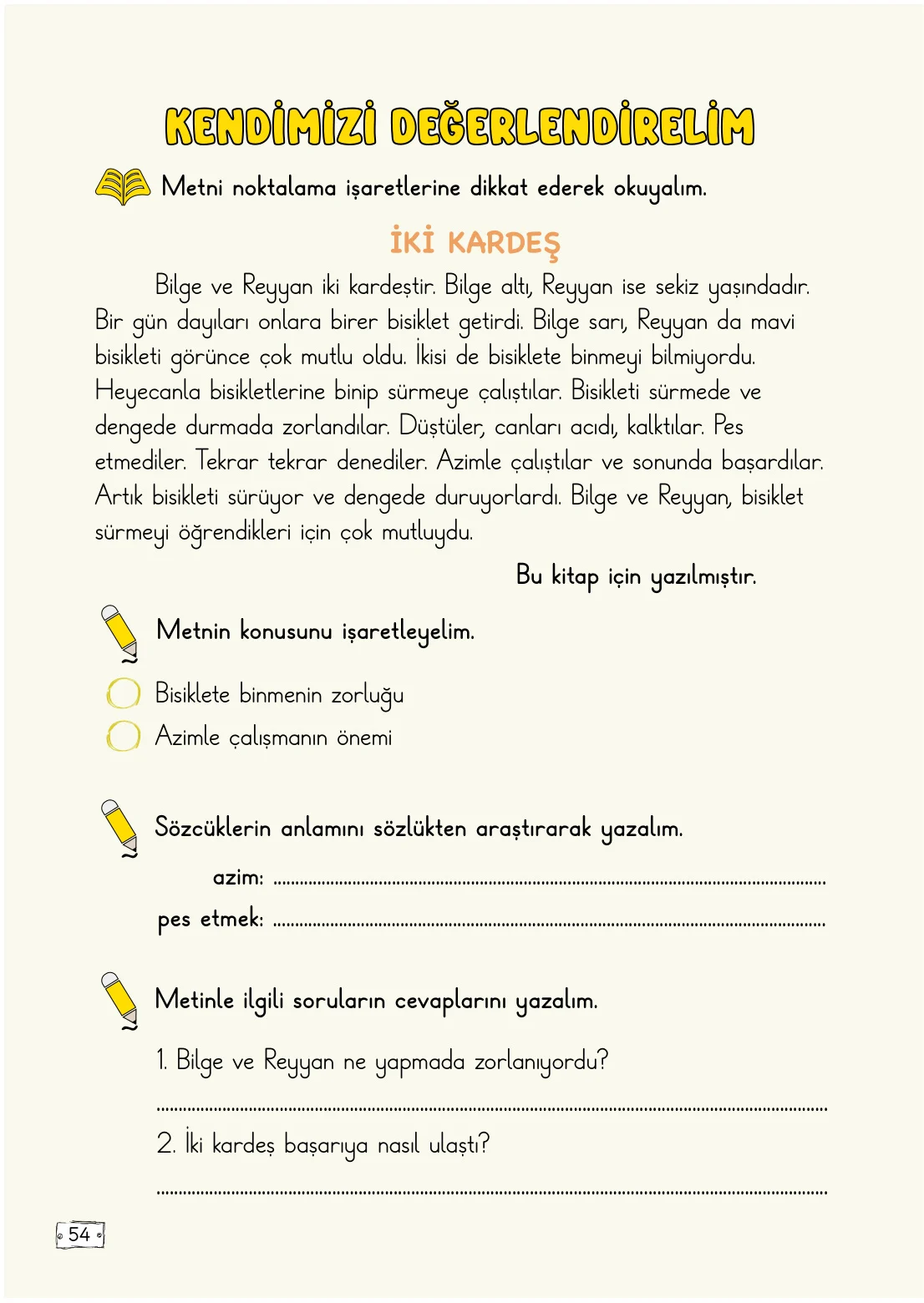 2. Sınıf Türkçe Ders Kitabı Cevapları Meb Yayınları 1. Kitap Sayfa 54