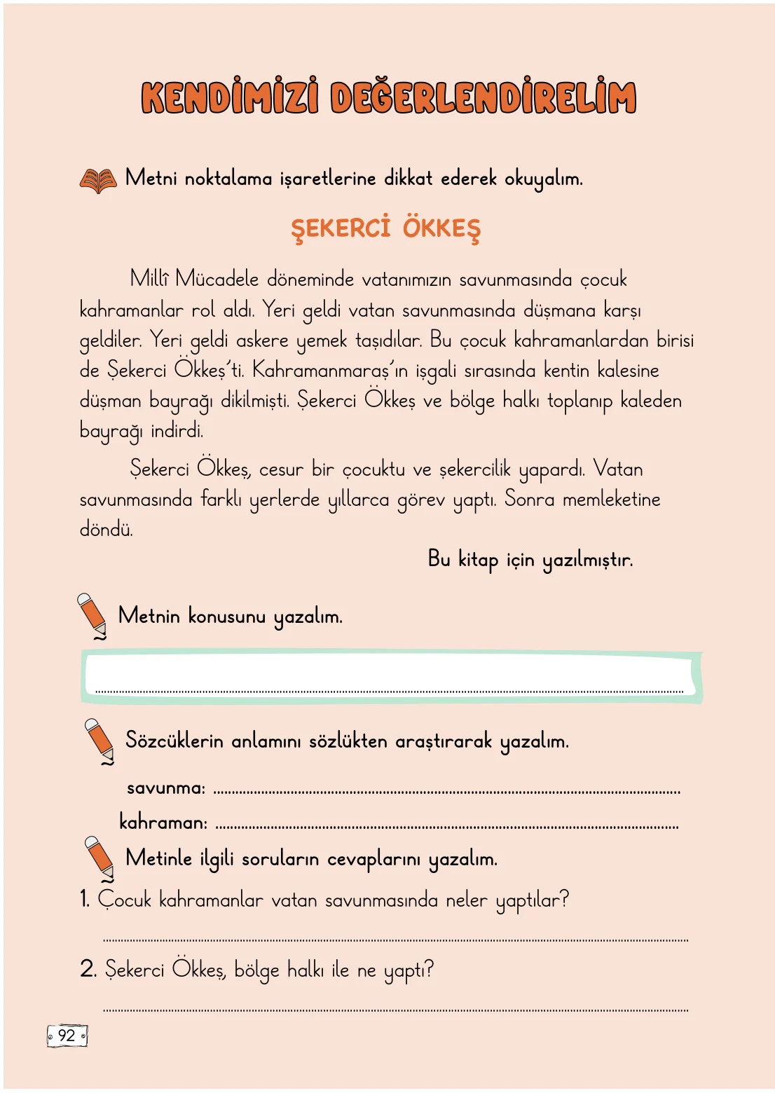 2. Sınıf Türkçe Ders Kitabı Cevapları Meb Yayınları 1. Kitap Sayfa 92