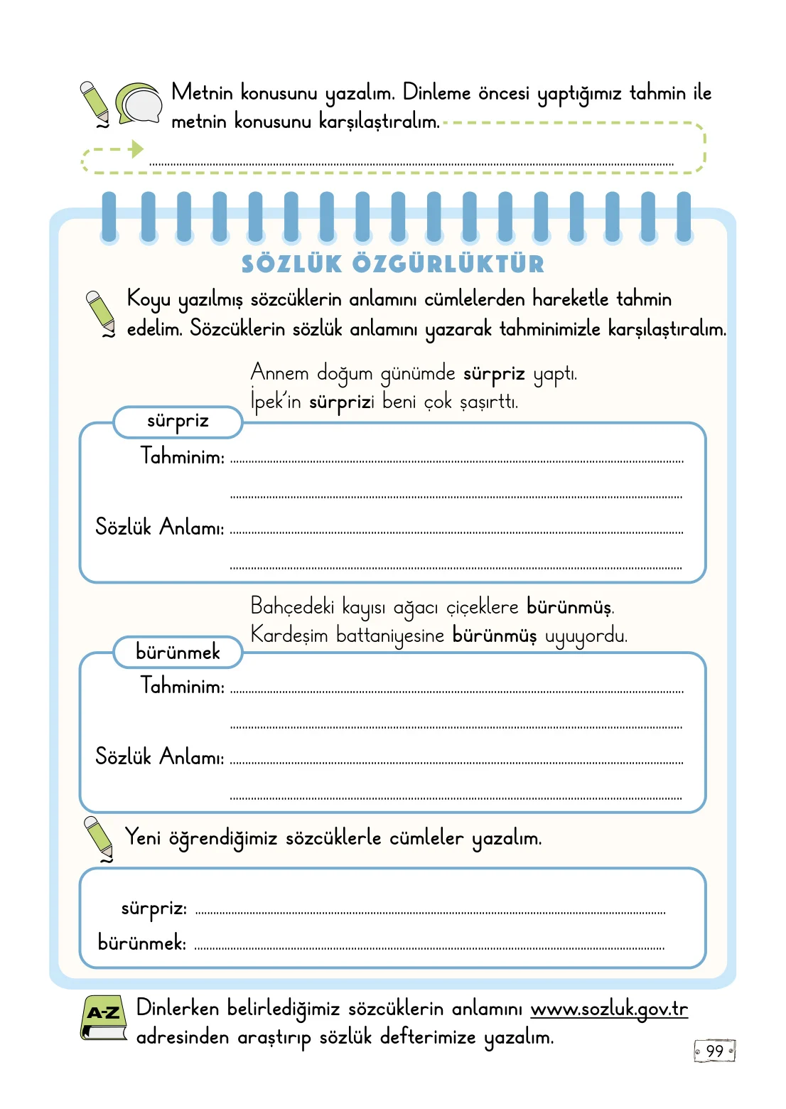 2. Sınıf Türkçe Ders Kitabı Cevapları Meb Yayınları 1. Kitap Sayfa 99