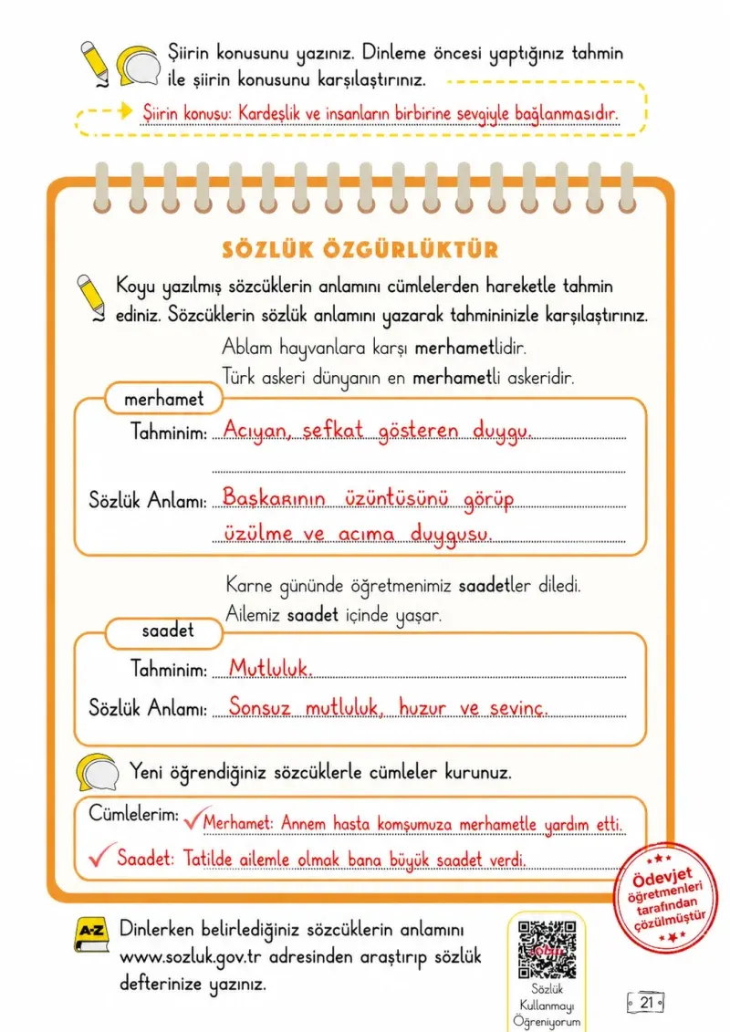 2. Sınıf Türkçe Ders Kitabı Cevapları Meb Yayınları 1. Kitap Sayfa 21 Çözüm Görseli