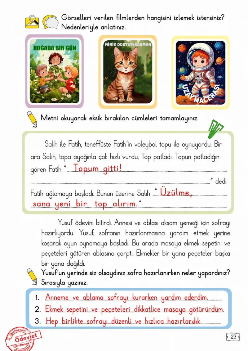 2. Sınıf Türkçe Ders Kitabı Cevapları Meb Yayınları 1. Kitap Sayfa 23 Çözüm Görseli