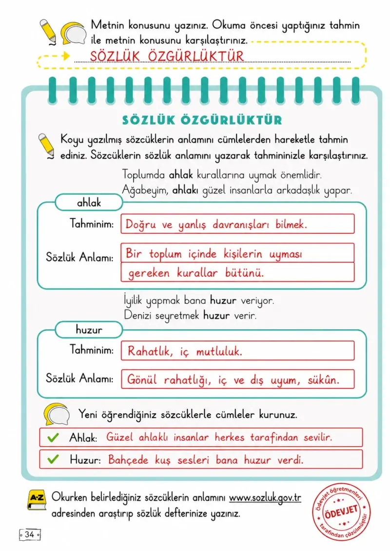 2. Sınıf Türkçe Ders Kitabı Cevapları Meb Yayınları 1. Kitap Sayfa 34 Çözüm Görseli