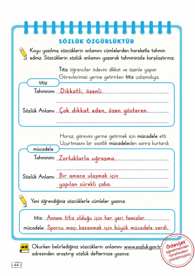 2. Sınıf Türkçe Ders Kitabı Cevapları Meb Yayınları 1. Kitap Sayfa 44 Çözüm Görseli