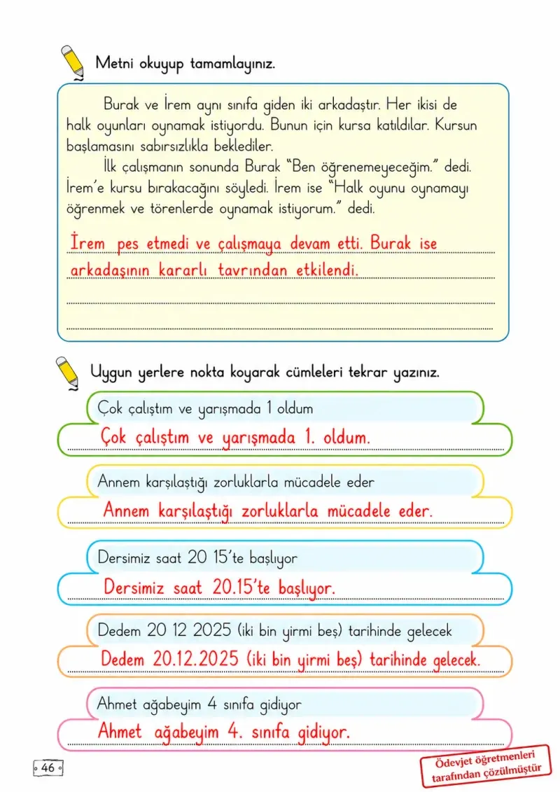 2. Sınıf Türkçe Ders Kitabı Cevapları Meb Yayınları 1. Kitap Sayfa 46 Çözüm Görseli