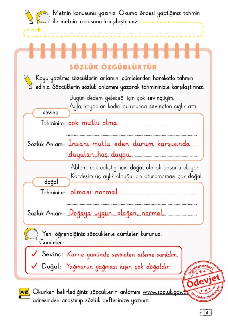 2. Sınıf Türkçe Ders Kitabı Cevapları Meb Yayınları 1. Kitap Sayfa 51 Çözüm Görseli