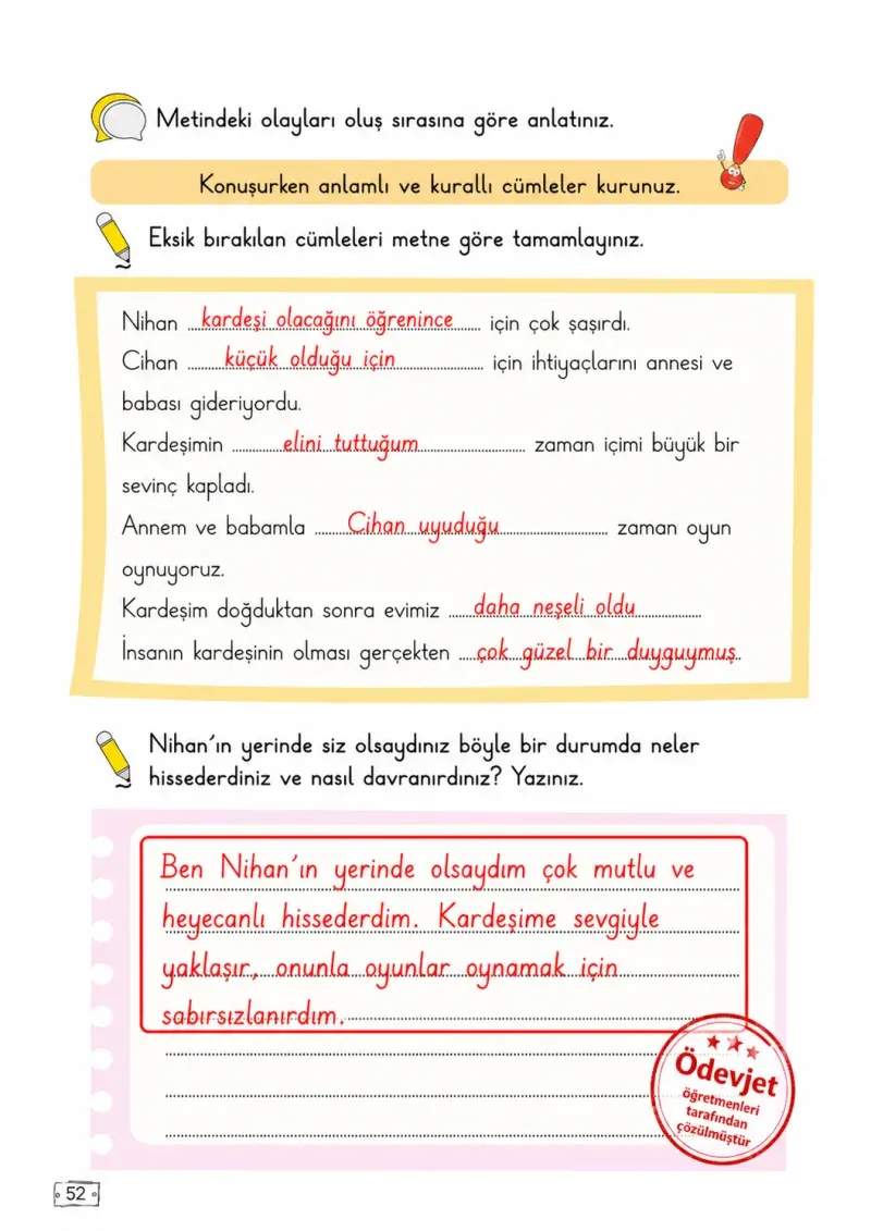2. Sınıf Türkçe Ders Kitabı Cevapları Meb Yayınları 1. Kitap Sayfa 52 Çözüm Görseli