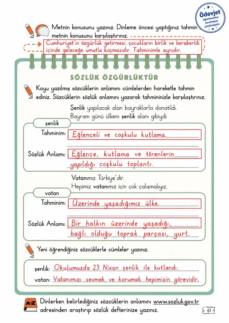 2. Sınıf Türkçe Ders Kitabı Cevapları Meb Yayınları 1. Kitap Sayfa 61 Çözüm Görseli