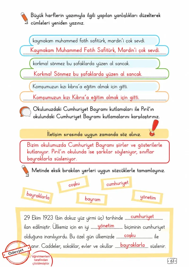 2. Sınıf Türkçe Ders Kitabı Cevapları Meb Yayınları 1. Kitap Sayfa 63 Çözüm Görseli