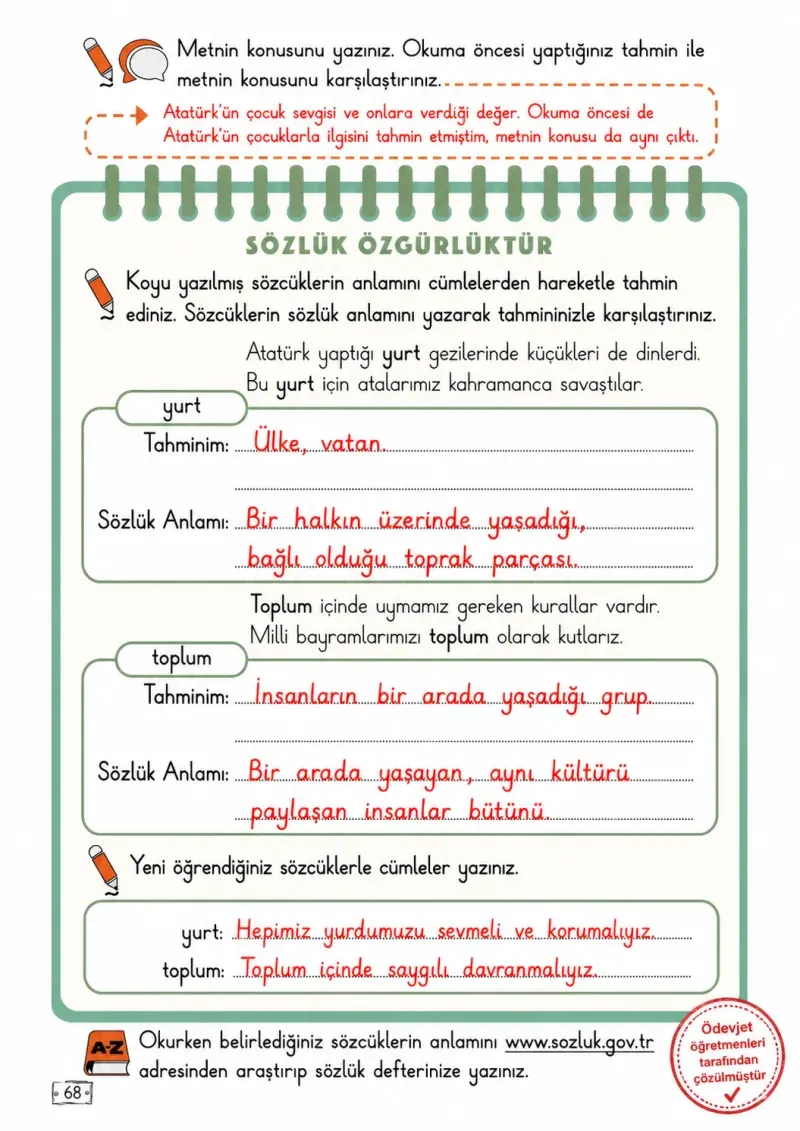 2. Sınıf Türkçe Ders Kitabı Cevapları Meb Yayınları 1. Kitap Sayfa 68 Çözüm Görseli