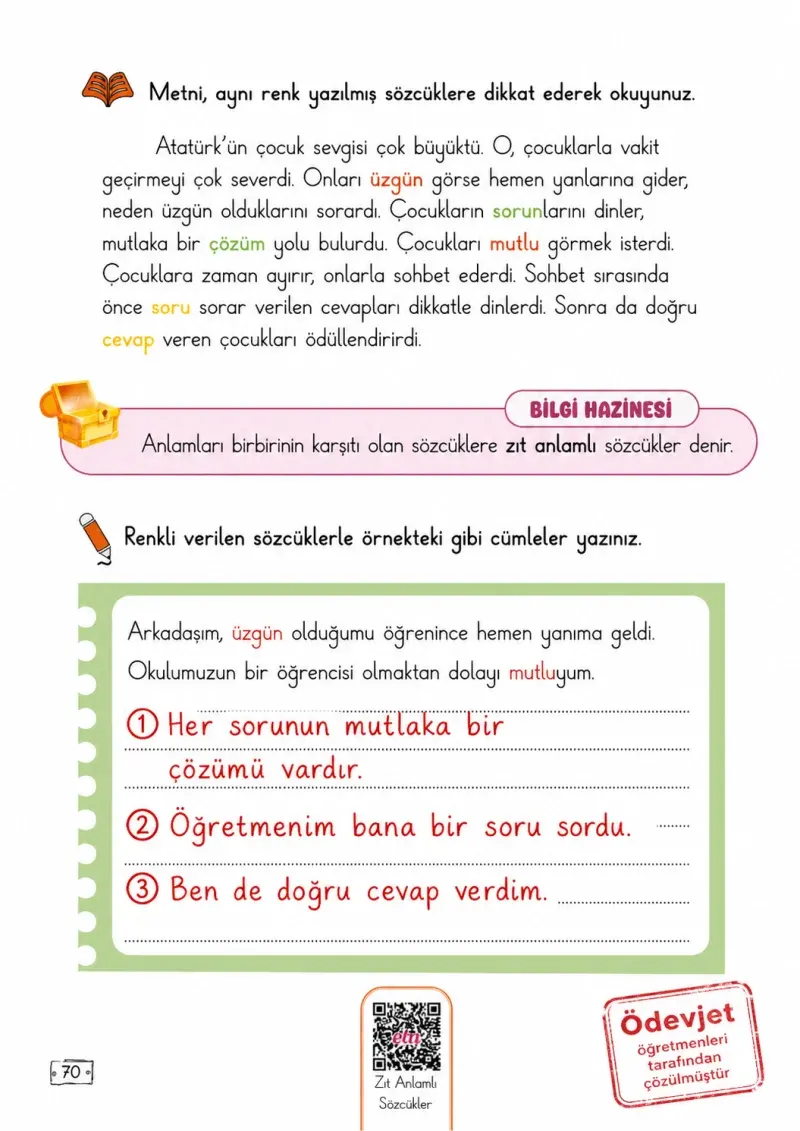 2. Sınıf Türkçe Ders Kitabı Cevapları Meb Yayınları 1. Kitap Sayfa 70 Çözüm Görseli