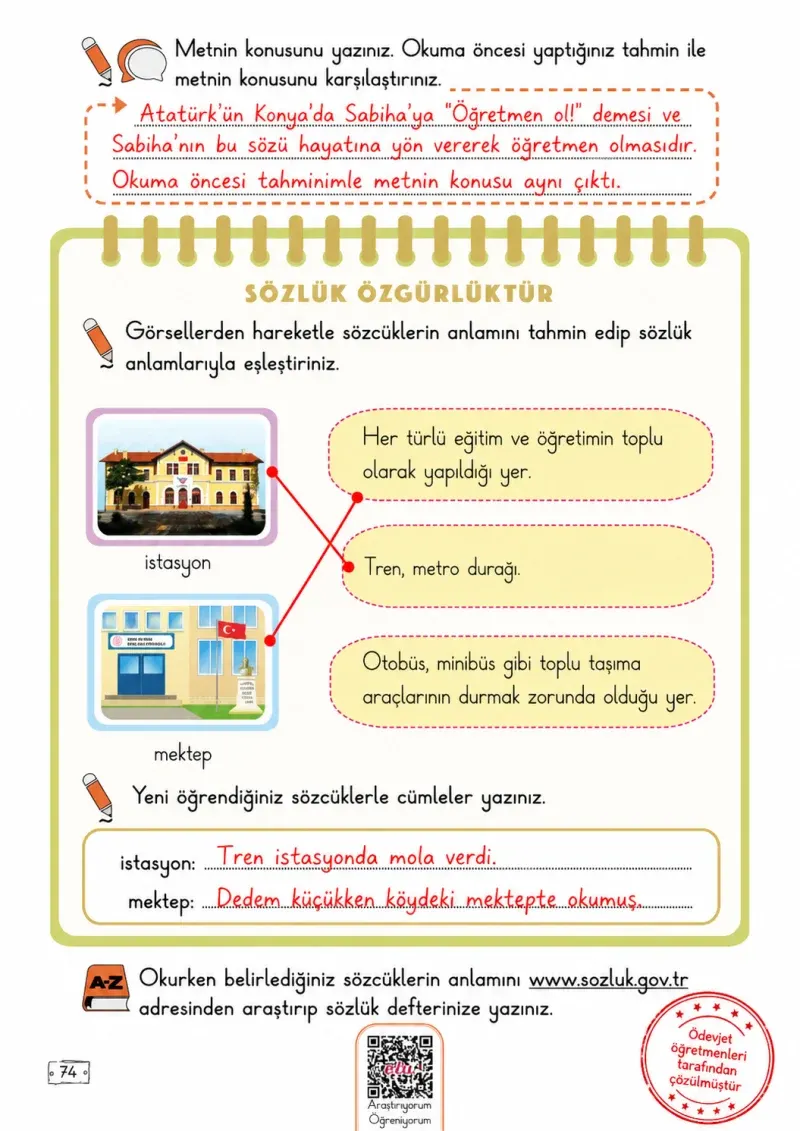 2. Sınıf Türkçe Ders Kitabı Cevapları Meb Yayınları 1. Kitap Sayfa 74 Çözüm Görseli