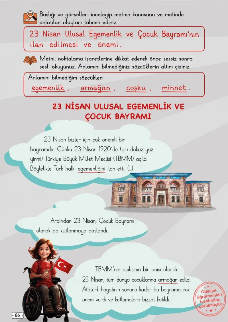 2. Sınıf Türkçe Ders Kitabı Cevapları Meb Yayınları 1. Kitap Sayfa 86 Çözüm Görseli