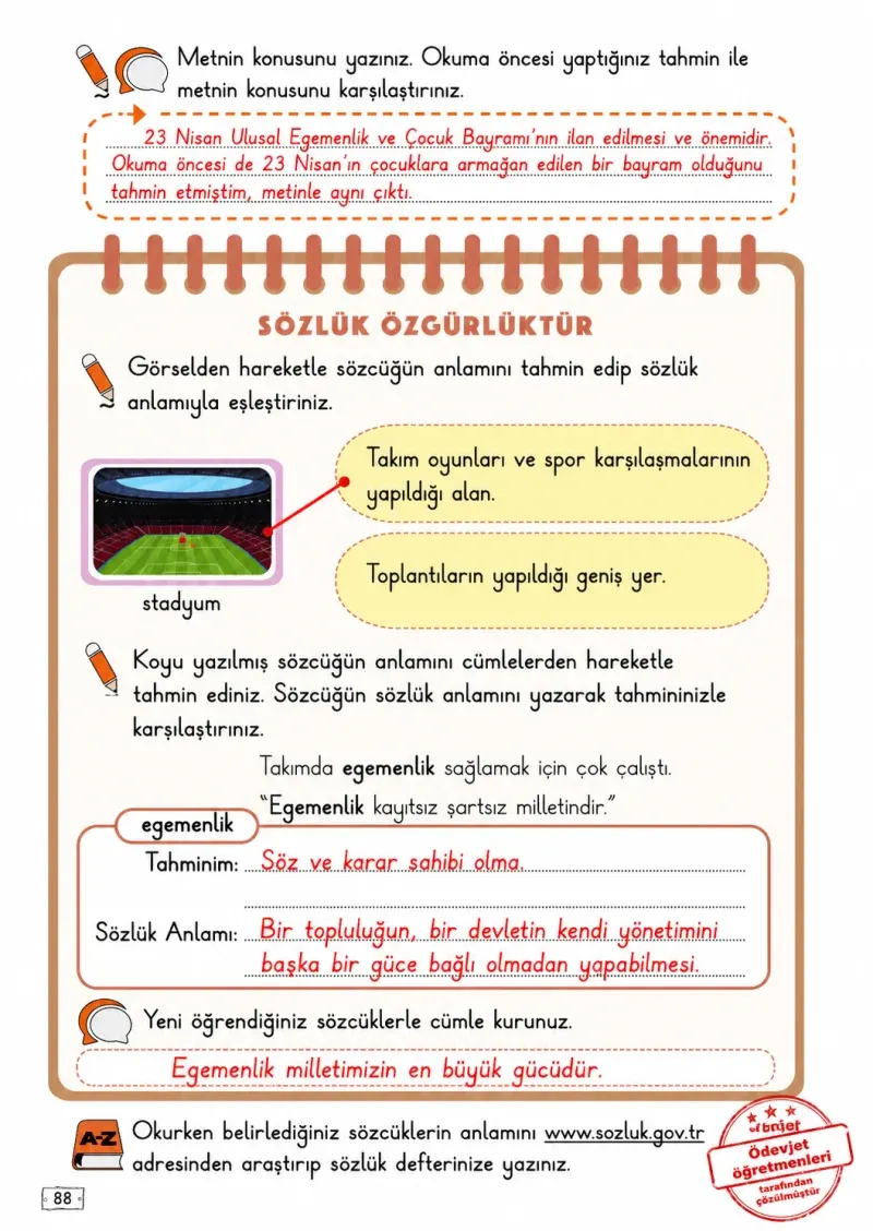 2. Sınıf Türkçe Ders Kitabı Cevapları Meb Yayınları 1. Kitap Sayfa 88 Çözüm Görseli