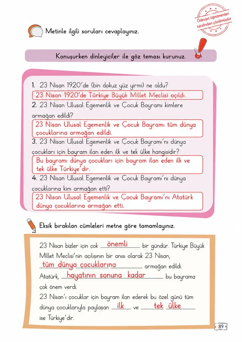 2. Sınıf Türkçe Ders Kitabı Cevapları Meb Yayınları 1. Kitap Sayfa 89 Çözüm Görseli