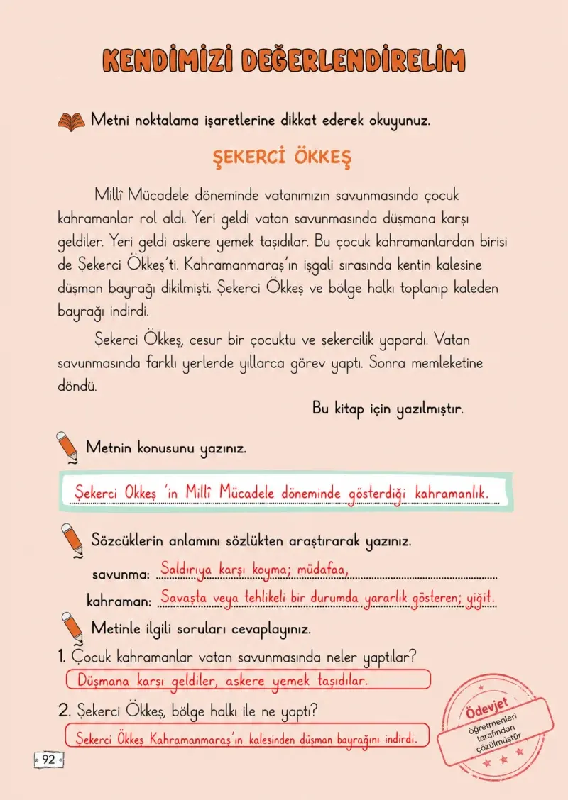 2. Sınıf Türkçe Ders Kitabı Cevapları Meb Yayınları 1. Kitap Sayfa 92 Çözüm Görseli