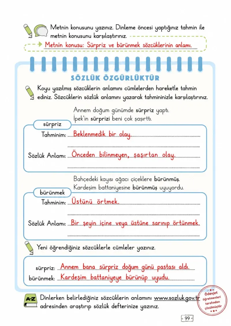 2. Sınıf Türkçe Ders Kitabı Cevapları Meb Yayınları 1. Kitap Sayfa 99 Çözüm Görseli