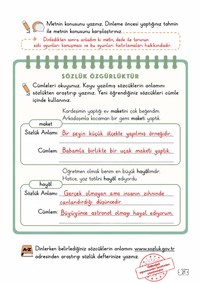 2. Sınıf Türkçe Ders Kitabı Cevapları Meb Yayınları 2. Kitap Sayfa 21 Çözüm Görseli