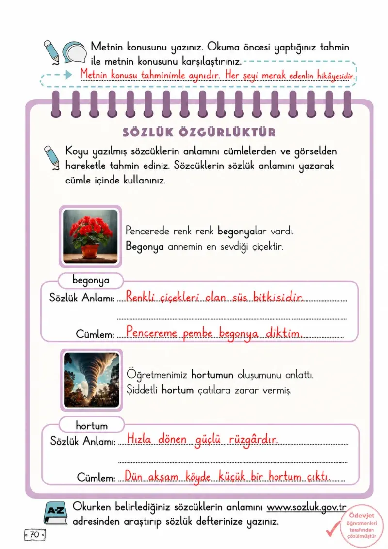 2. Sınıf Türkçe Ders Kitabı Cevapları Meb Yayınları 2. Kitap Sayfa 70 Çözüm Görseli