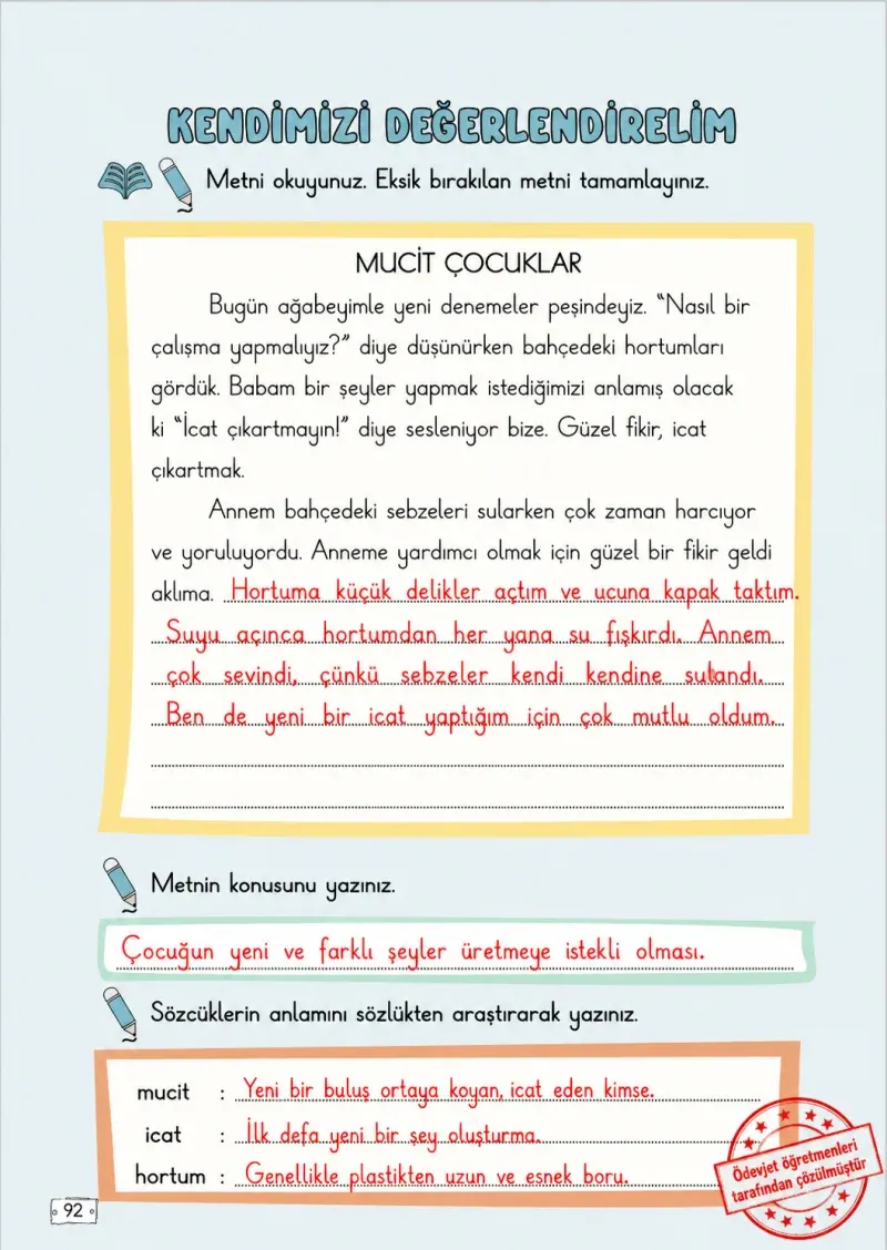 2. Sınıf Türkçe Ders Kitabı Cevapları Meb Yayınları 2. Kitap Sayfa 92 Çözüm Görseli