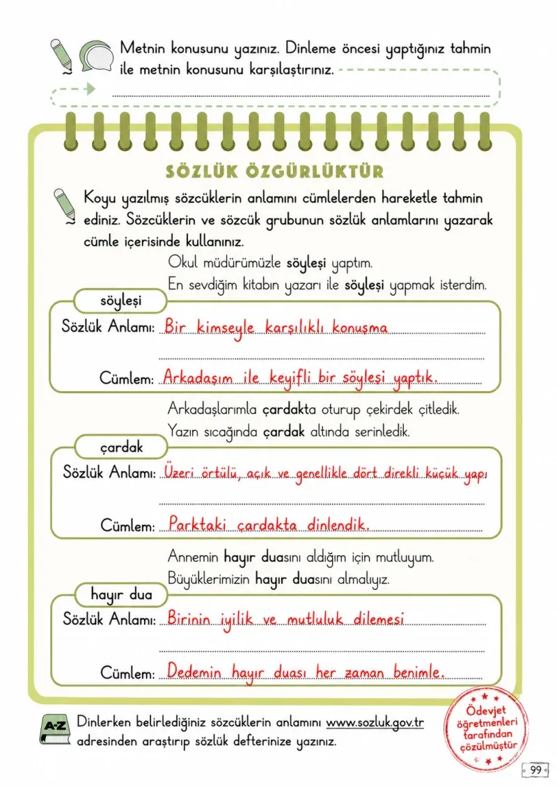 2. Sınıf Türkçe Ders Kitabı Cevapları Meb Yayınları 2. Kitap Sayfa 99 Çözüm Görseli