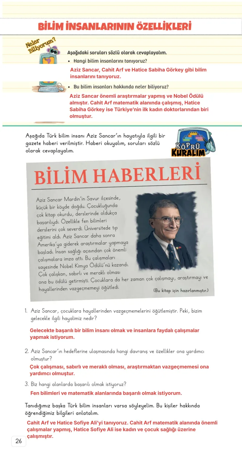 3. Sınıf Fen Bilimleri Ders Kitabı Cevapları Meb Yayınları 1. Kitap Sayfa 26 Çözüm Görseli