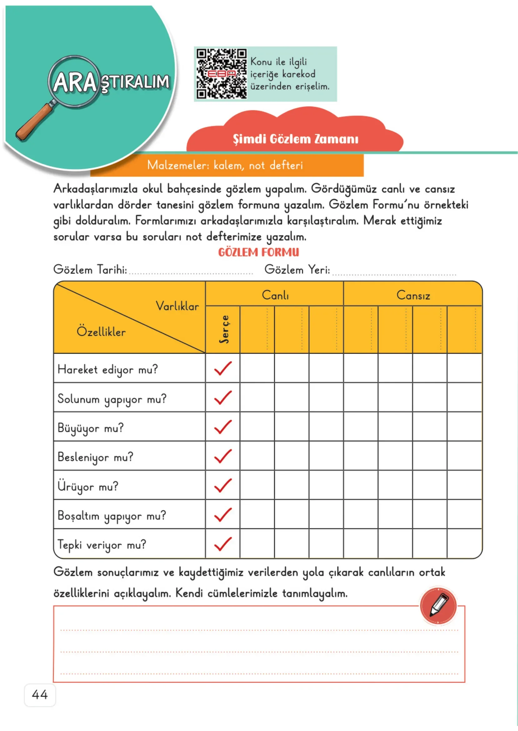 3. Sınıf Fen Bilimleri Ders Kitabı Cevapları Meb Yayınları 1. Kitap Sayfa 44