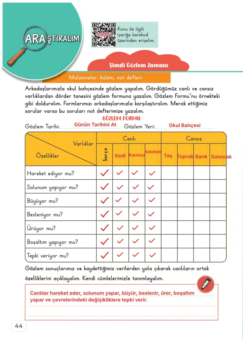 3. Sınıf Fen Bilimleri Ders Kitabı Cevapları Meb Yayınları 1. Kitap Sayfa 44 Çözüm Görseli