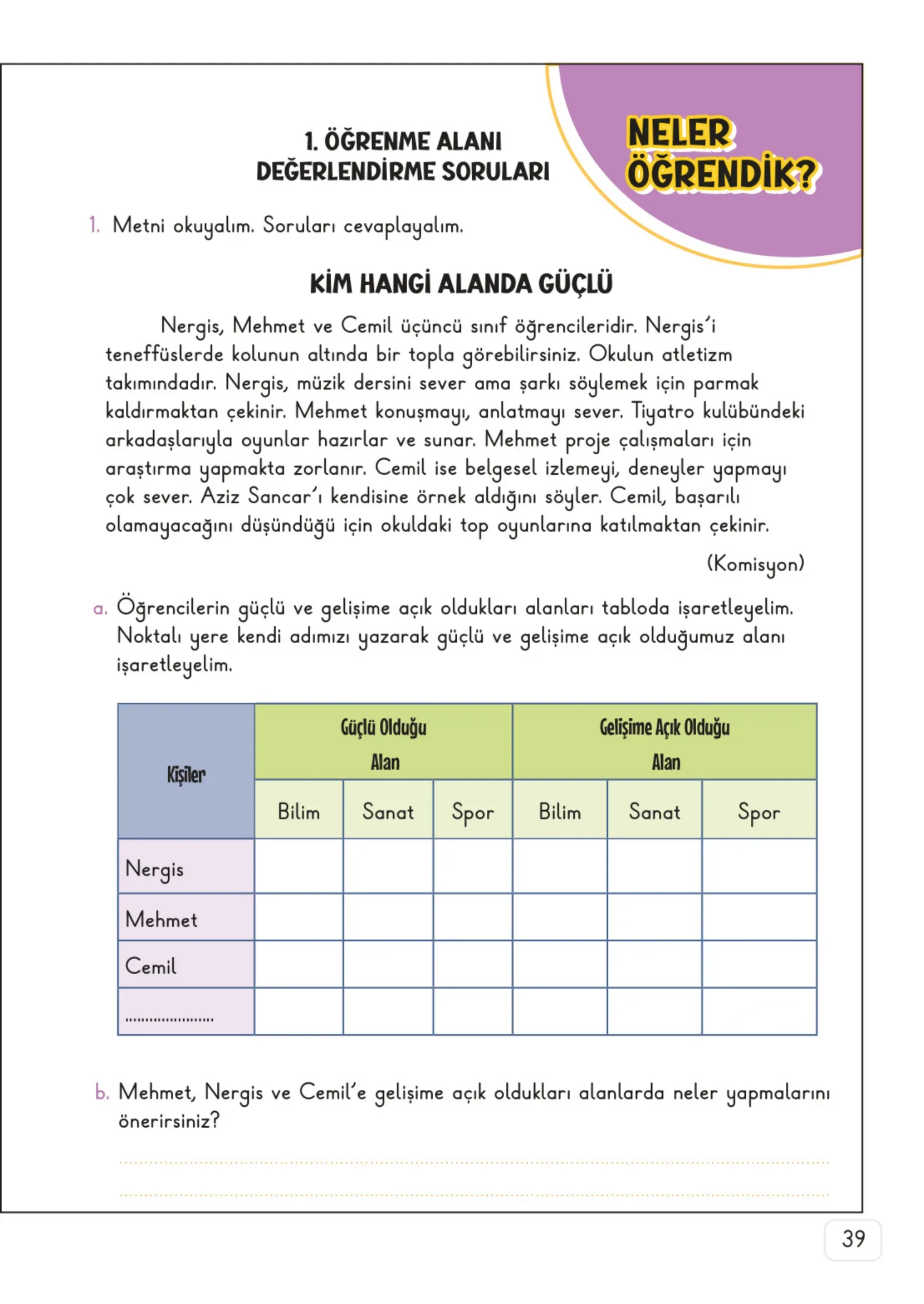 3. Sınıf Hayat Bilgisi Ders Kitabı Cevapları Meb Yayınları 1. Kitap Sayfa 39