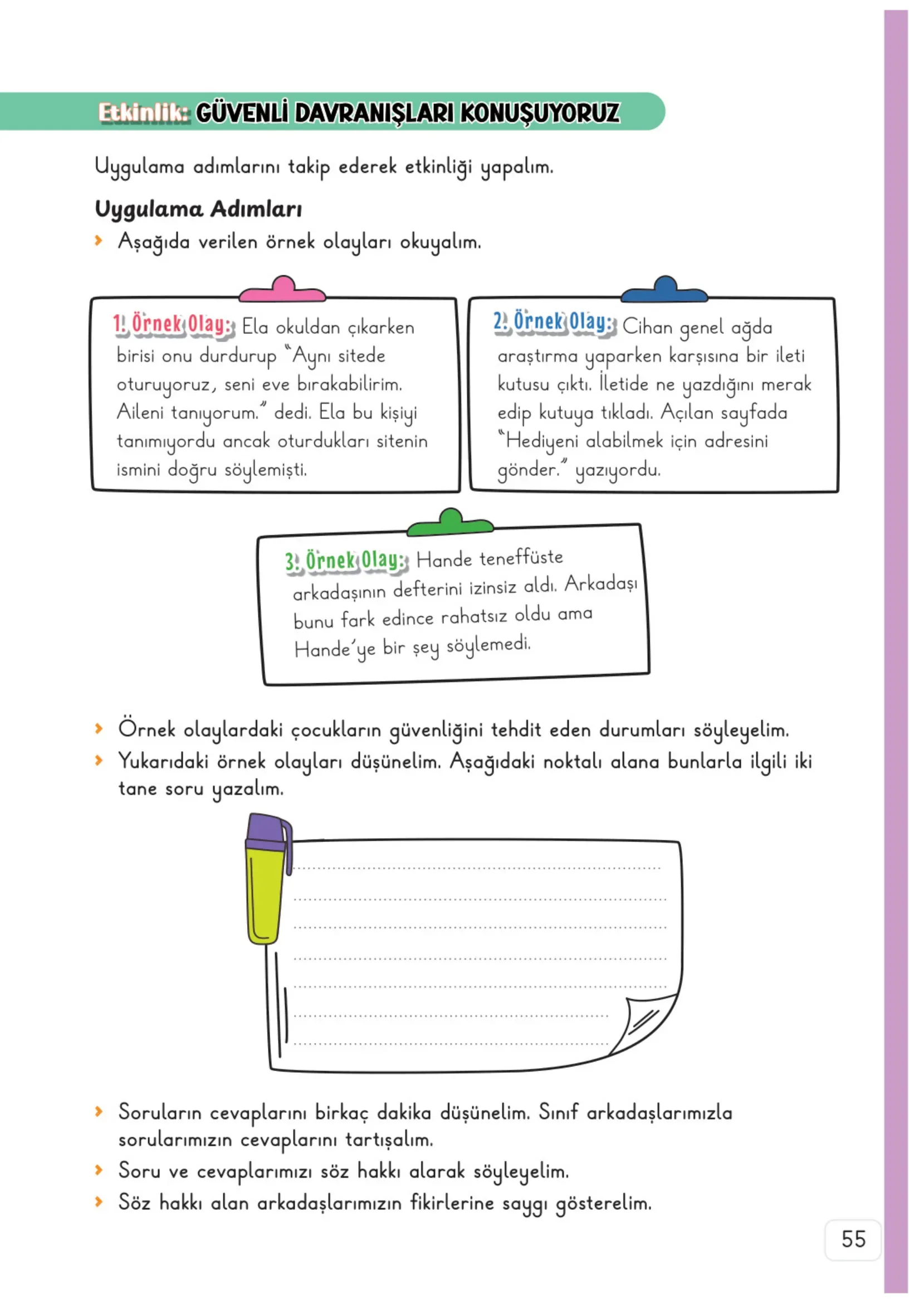 3. Sınıf Hayat Bilgisi Ders Kitabı Cevapları Meb Yayınları 1. Kitap Sayfa 55