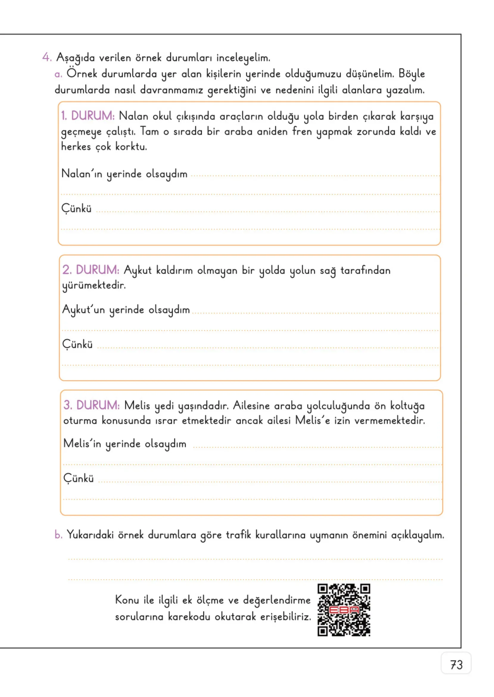 3. Sınıf Hayat Bilgisi Ders Kitabı Cevapları Meb Yayınları 1. Kitap Sayfa 73