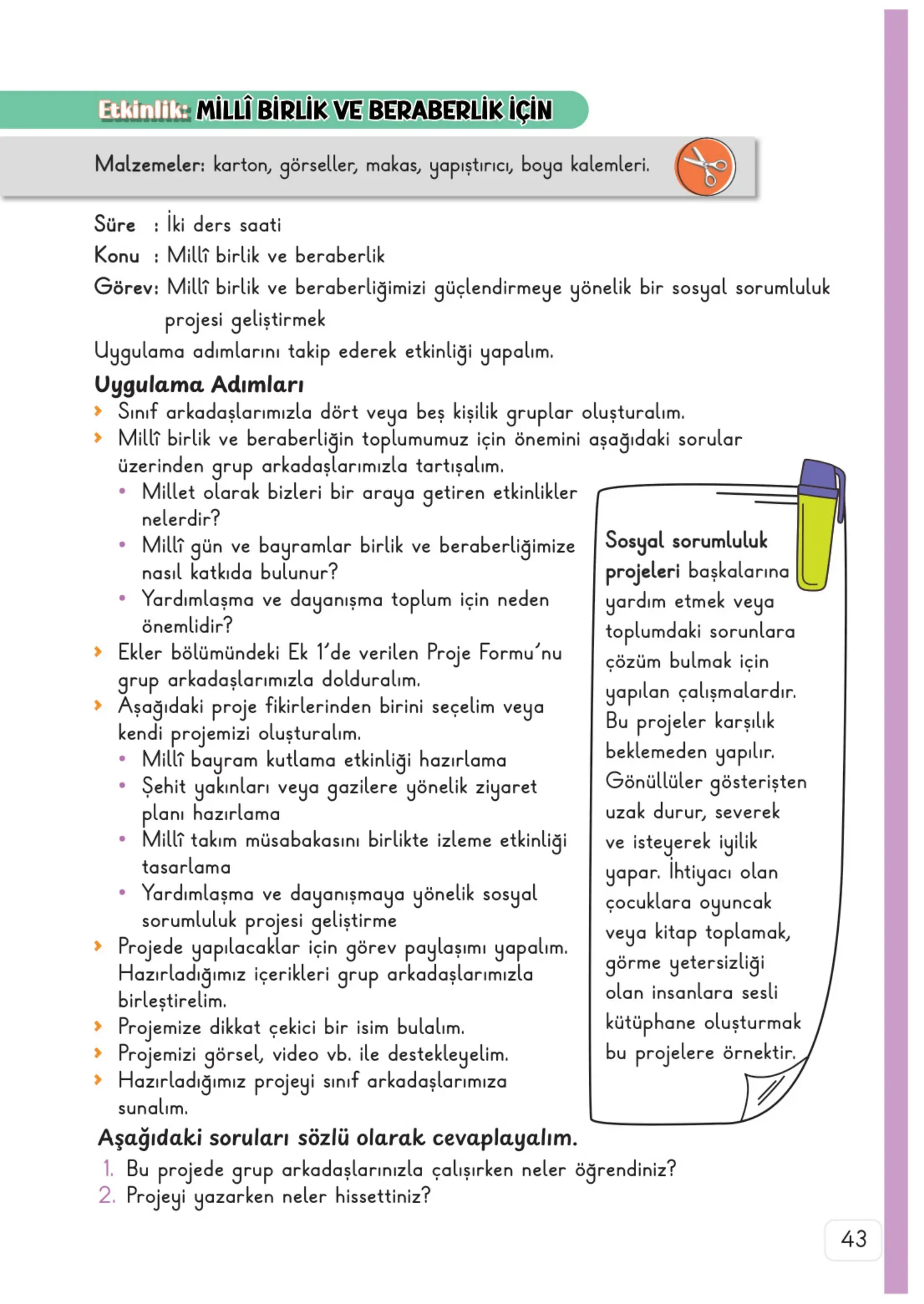 3. Sınıf Hayat Bilgisi Ders Kitabı Cevapları Meb Yayınları 2. Kitap Sayfa 43