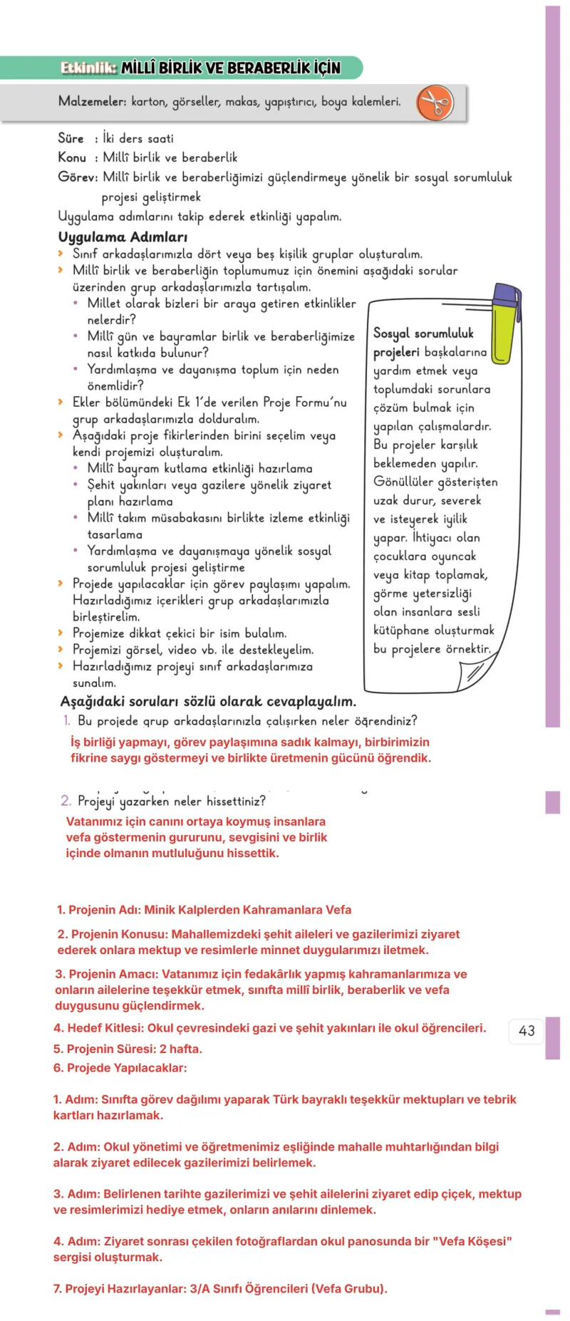 3. Sınıf Hayat Bilgisi Ders Kitabı Cevapları Meb Yayınları 2. Kitap Sayfa 43 Çözüm Görseli