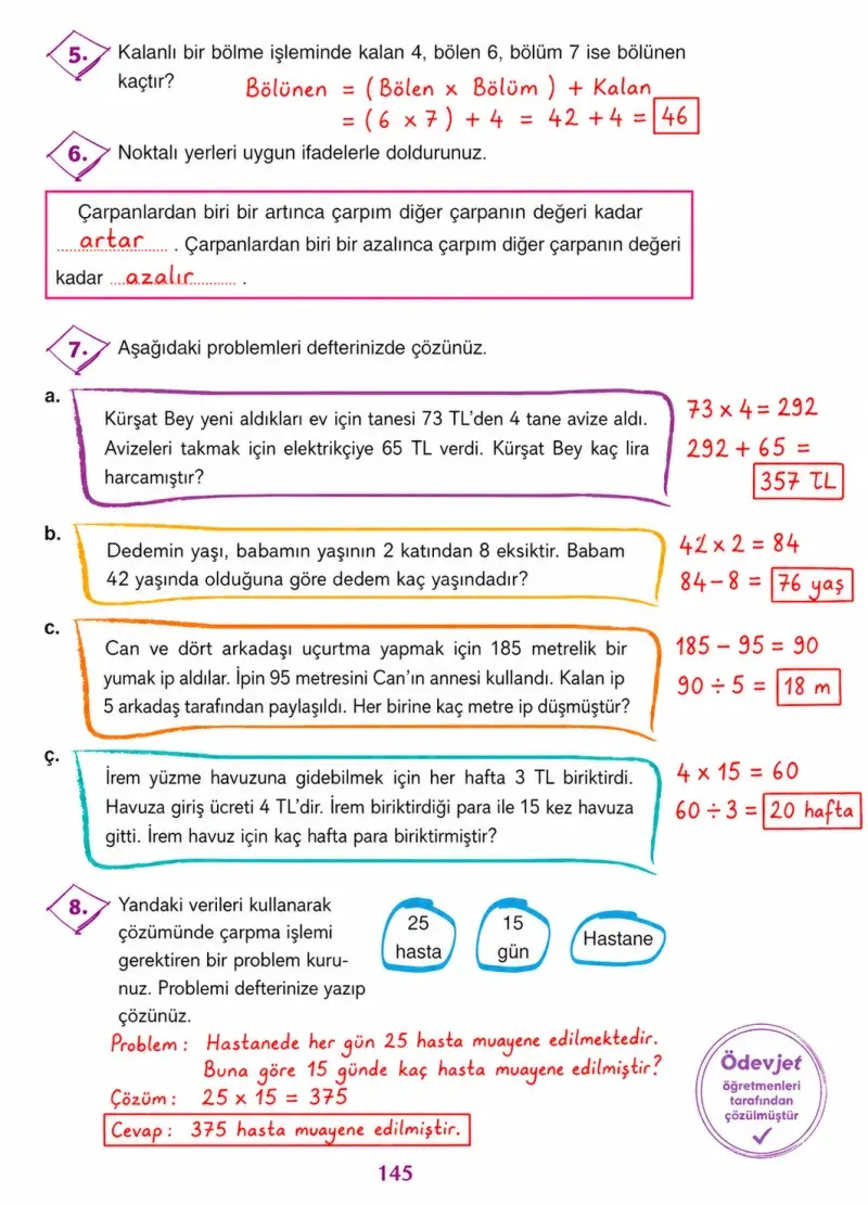 3. Sınıf Matematik Ders Kitabı Cevapları Ada Yayınları Sayfa 145 Çözüm Görseli