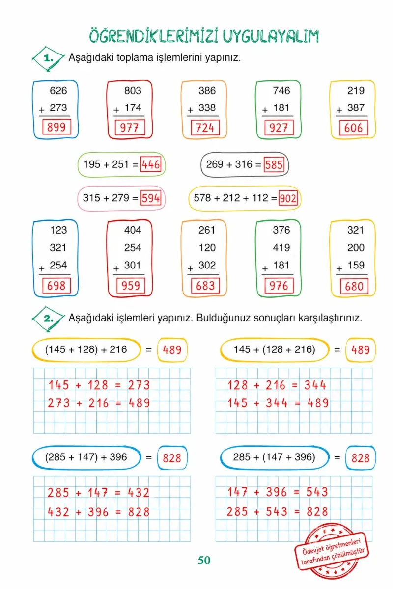 3. Sınıf Matematik Ders Kitabı Cevapları Ada Yayınları Sayfa 50 Çözüm Görseli