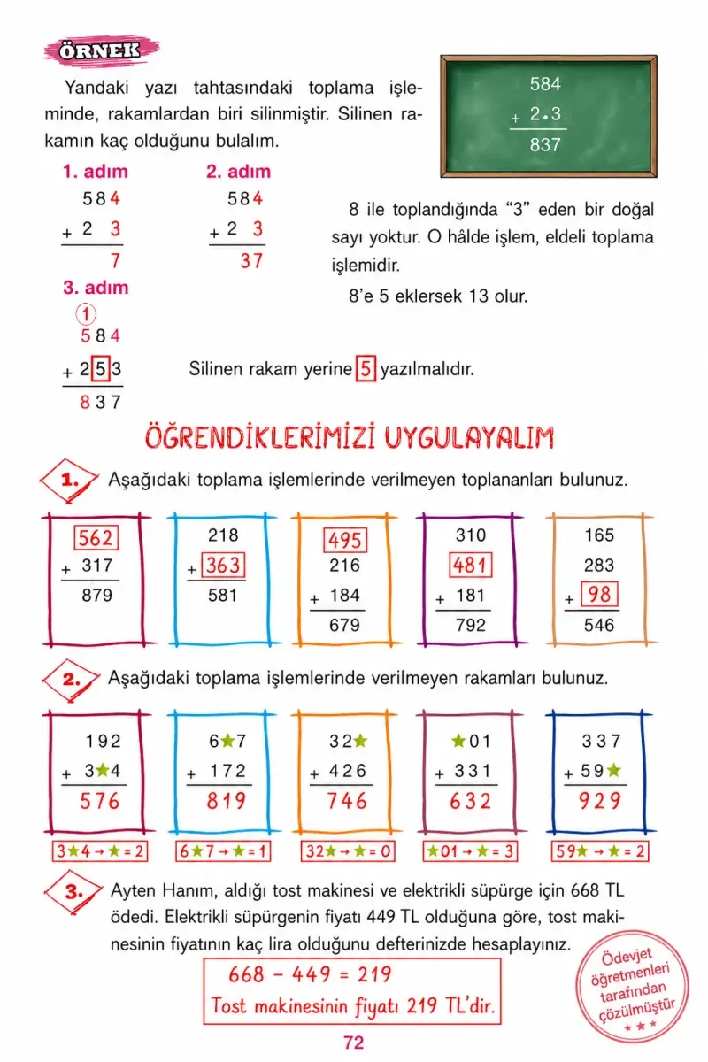 3. Sınıf Matematik Ders Kitabı Cevapları Ada Yayınları Sayfa 72 Çözüm Görseli