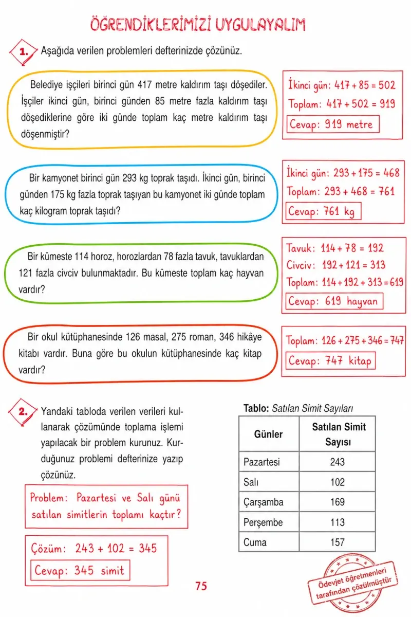 3. Sınıf Matematik Ders Kitabı Cevapları Ada Yayınları Sayfa 75 Çözüm Görseli