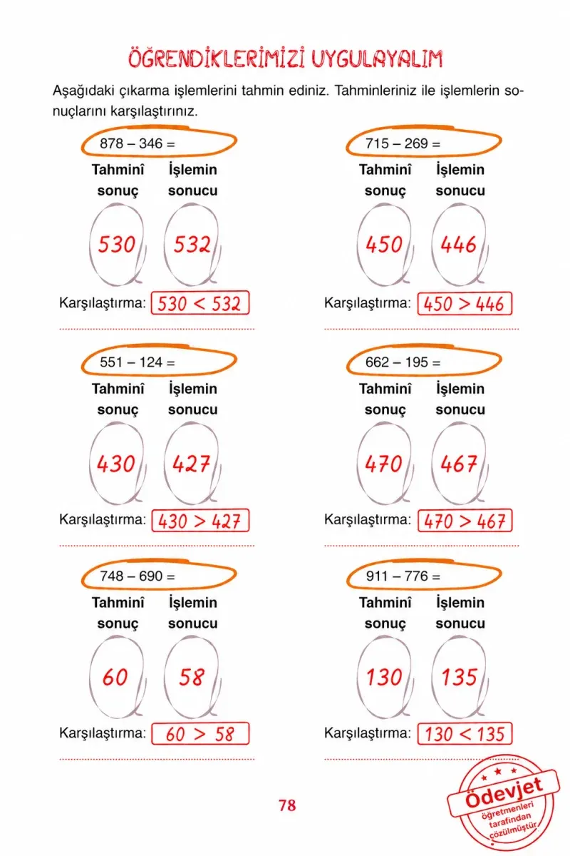 3. Sınıf Matematik Ders Kitabı Cevapları Ada Yayınları Sayfa 78 Çözüm Görseli