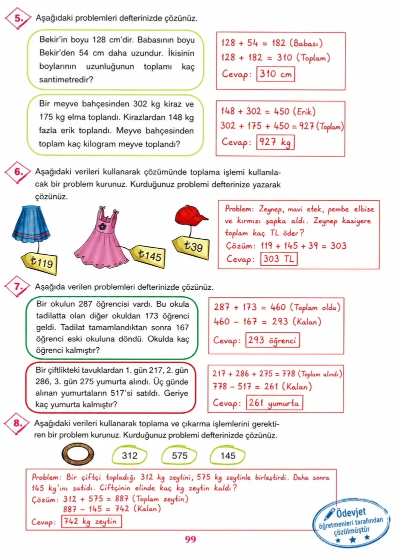 3. Sınıf Matematik Ders Kitabı Cevapları Ada Yayınları Sayfa 99 Çözüm Görseli