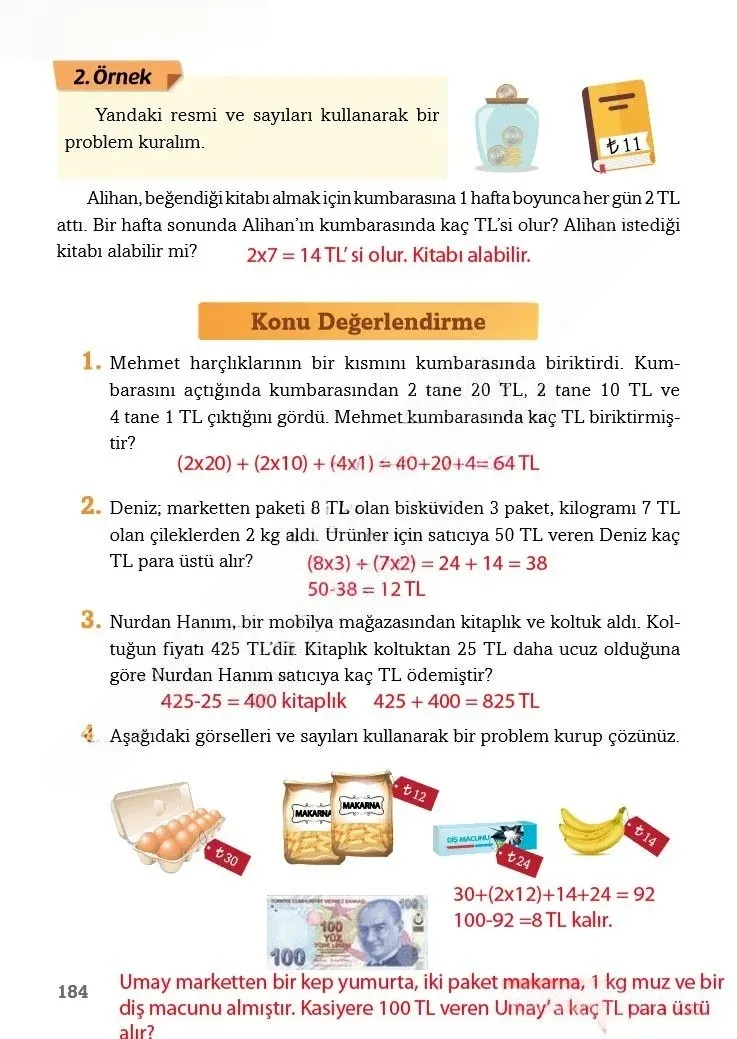 3. Sınıf Matematik Ders Kitabı Cevapları Ekoyay Yayınları Sayfa 184 Çözüm Görseli