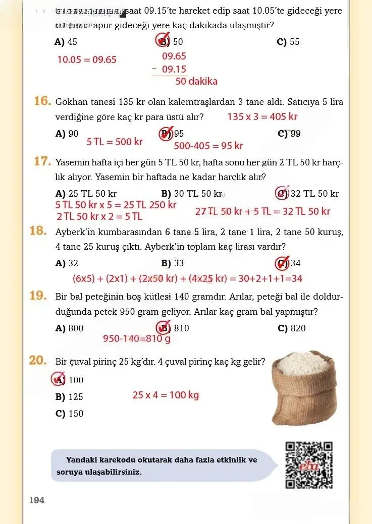 3. Sınıf Matematik Ders Kitabı Cevapları Ekoyay Yayınları Sayfa 194 Çözüm Görseli