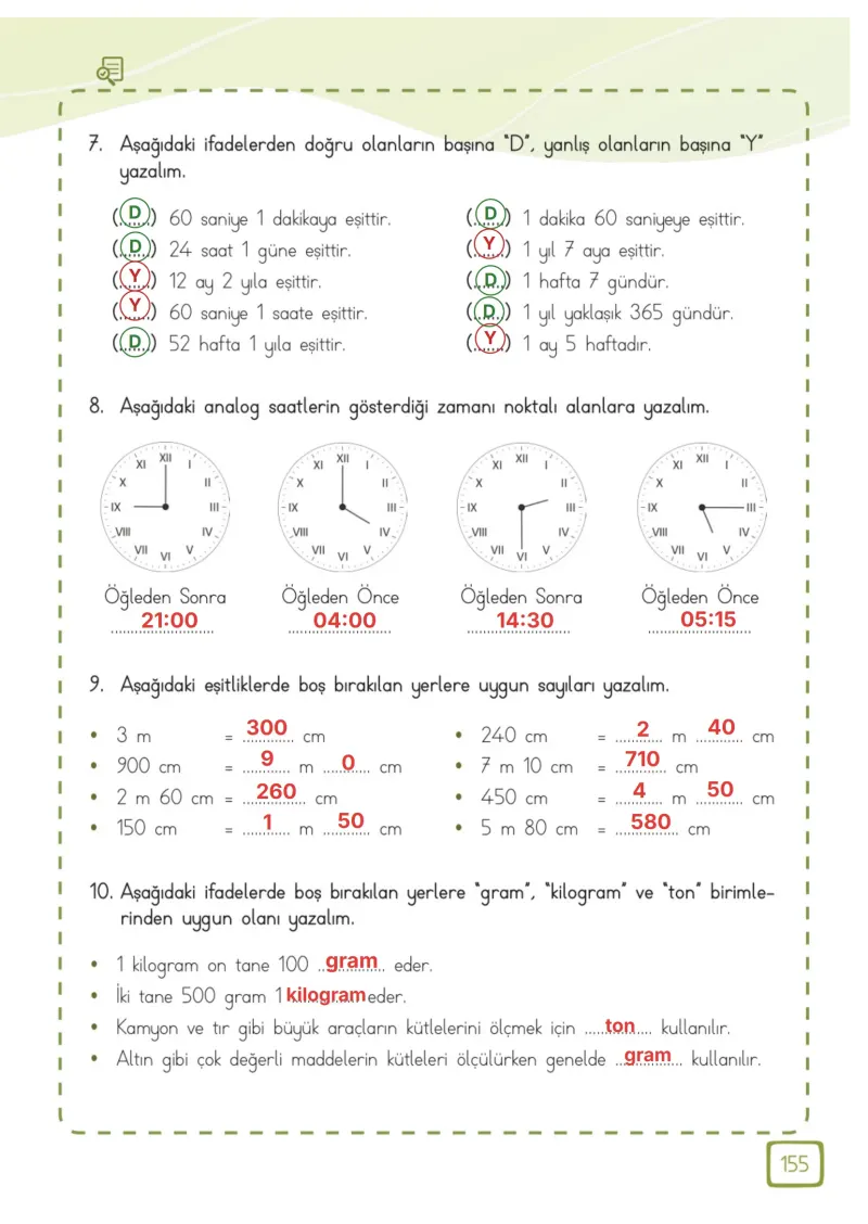 3. Sınıf Matematik Ders Kitabı Cevapları Meb Yayınları 1. Kitap Sayfa 155 Çözüm Görseli