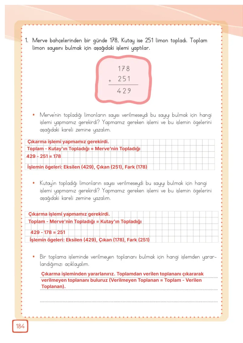 3. Sınıf Matematik Ders Kitabı Cevapları Meb Yayınları 1. Kitap Sayfa 184 Çözüm Görseli