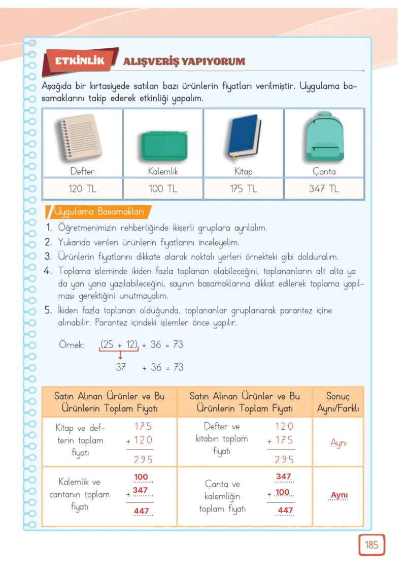 3. Sınıf Matematik Ders Kitabı Cevapları Meb Yayınları 1. Kitap Sayfa 185 Çözüm Görseli
