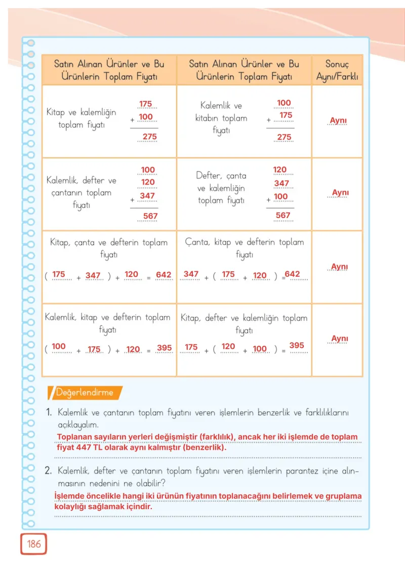 3. Sınıf Matematik Ders Kitabı Cevapları Meb Yayınları 1. Kitap Sayfa 186 Çözüm Görseli