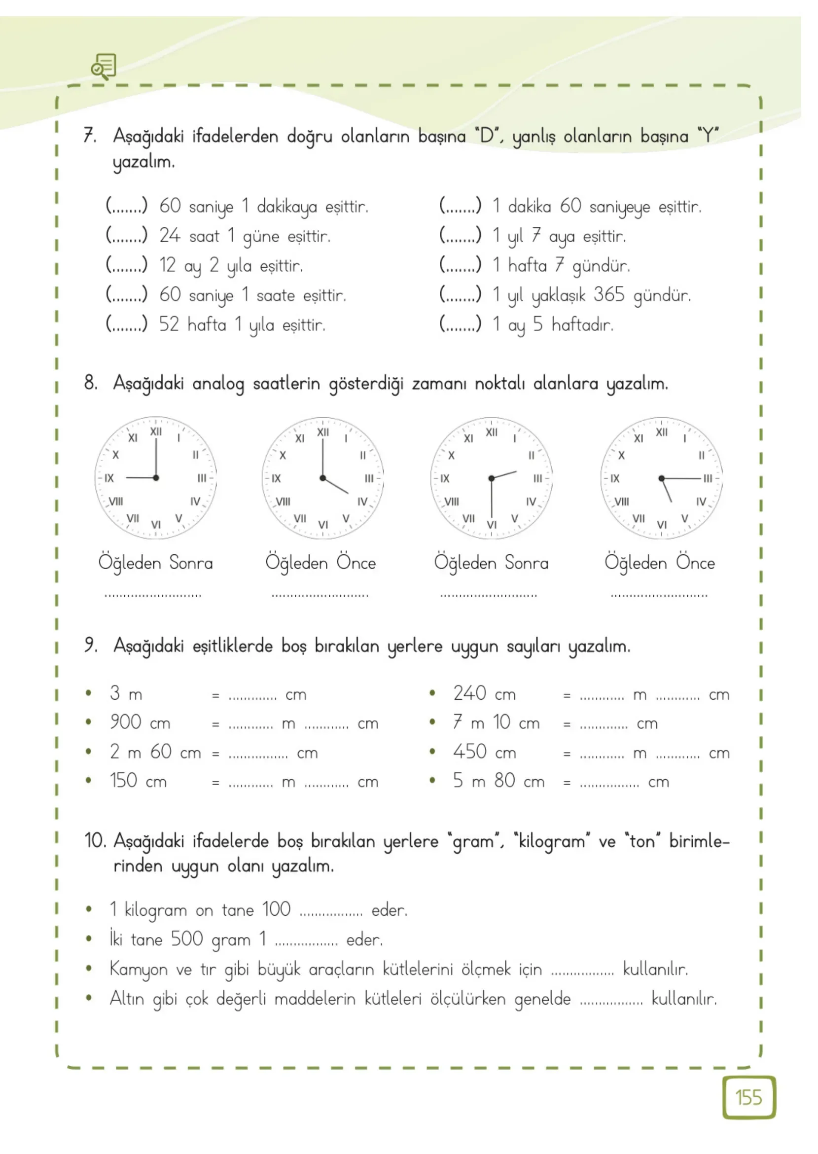 3. Sınıf Matematik Ders Kitabı Cevapları Meb Yayınları 1. Kitap Sayfa 155