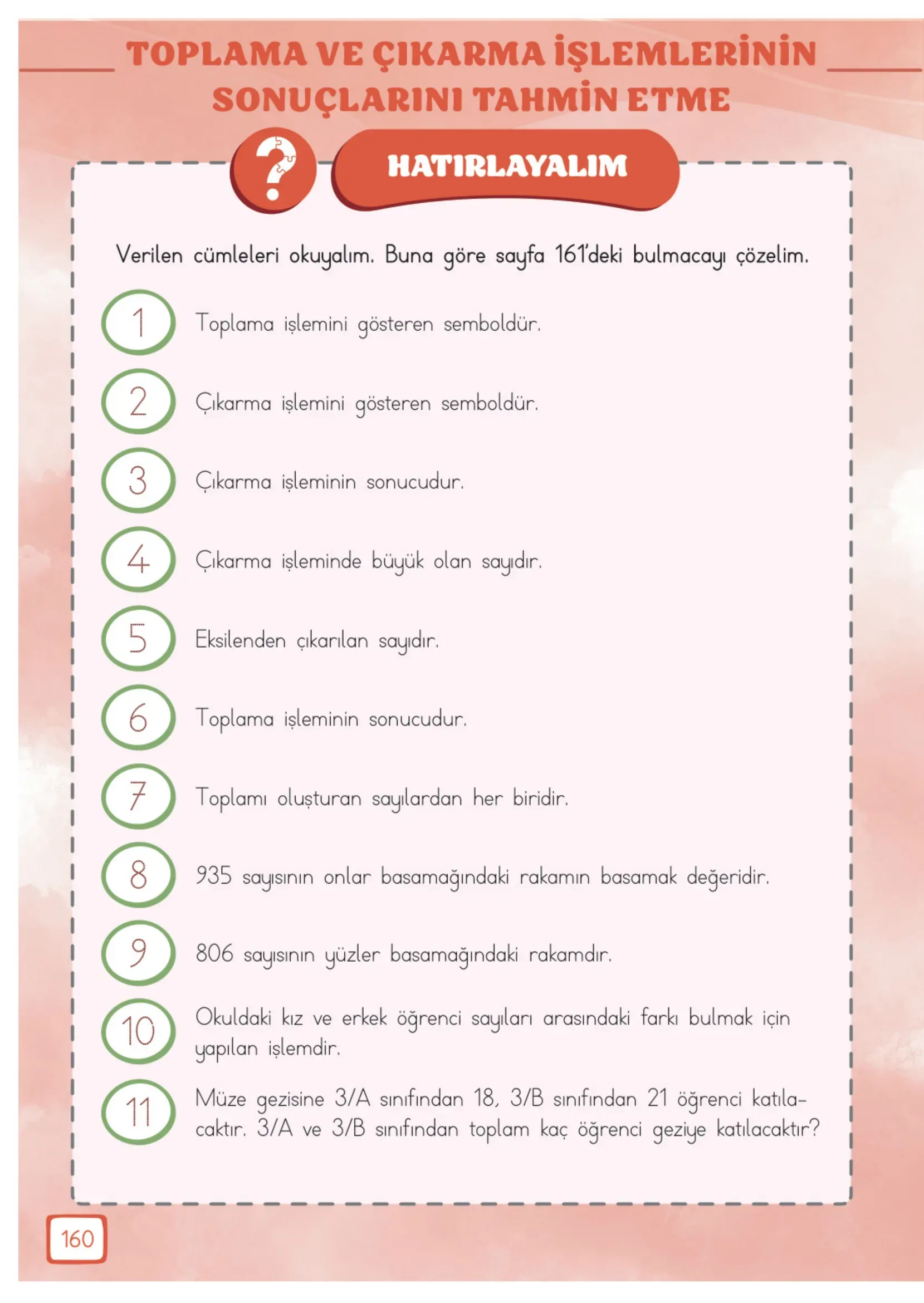 3. Sınıf Matematik Ders Kitabı Cevapları Meb Yayınları 1. Kitap Sayfa 160