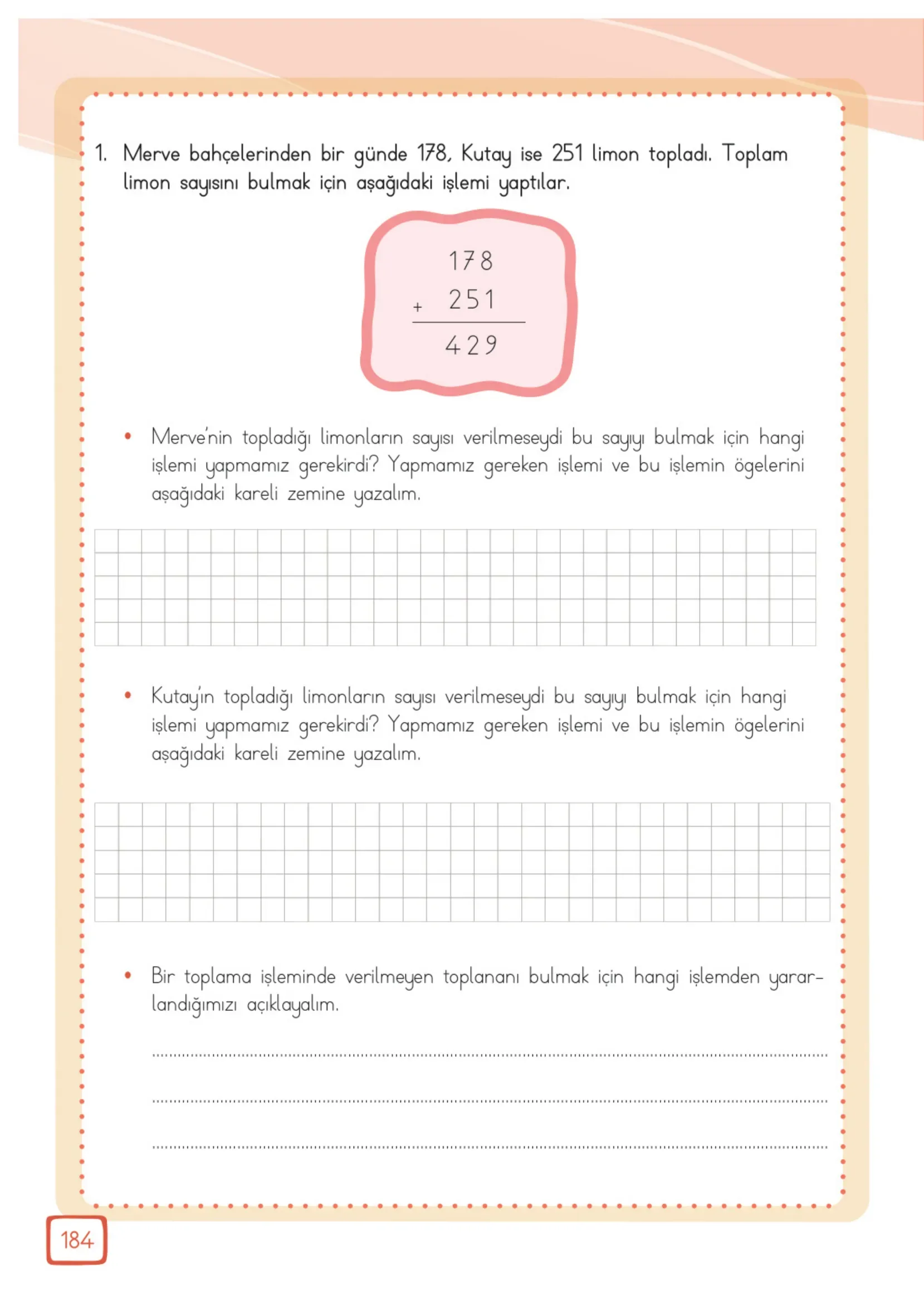 3. Sınıf Matematik Ders Kitabı Cevapları Meb Yayınları 1. Kitap Sayfa 184