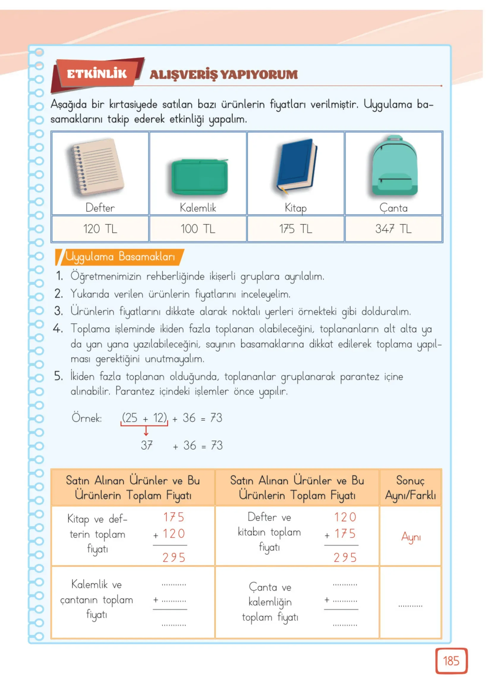 3. Sınıf Matematik Ders Kitabı Cevapları Meb Yayınları 1. Kitap Sayfa 185