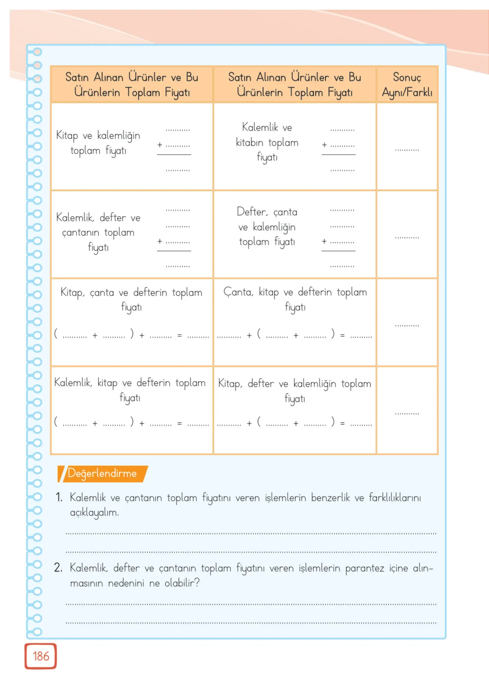 3. Sınıf Matematik Ders Kitabı Cevapları Meb Yayınları 1. Kitap Sayfa 186